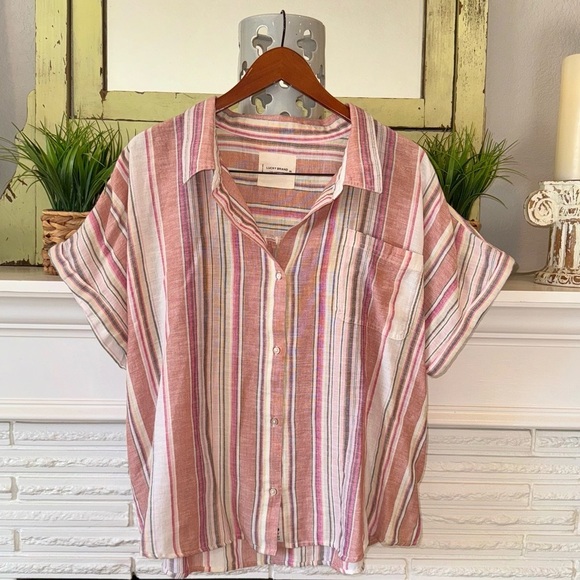 Lucky Brand Short Sleeve Striped Button Down Top Size XXL Like New Pink Tan - Picture 2 of 6